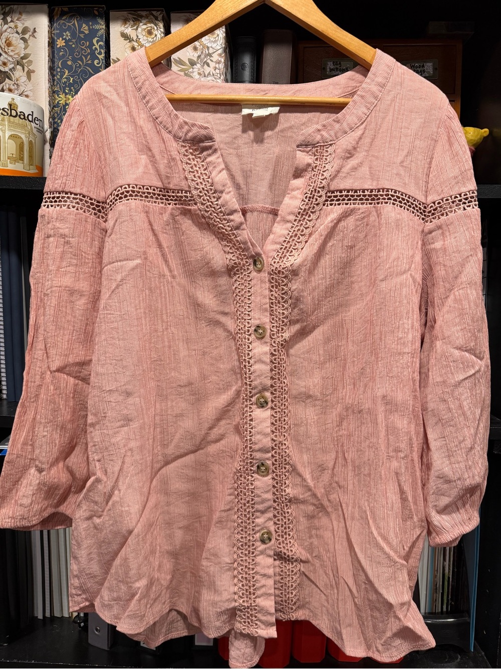 Women's Pink Crochet-Trim Button Front Blouse